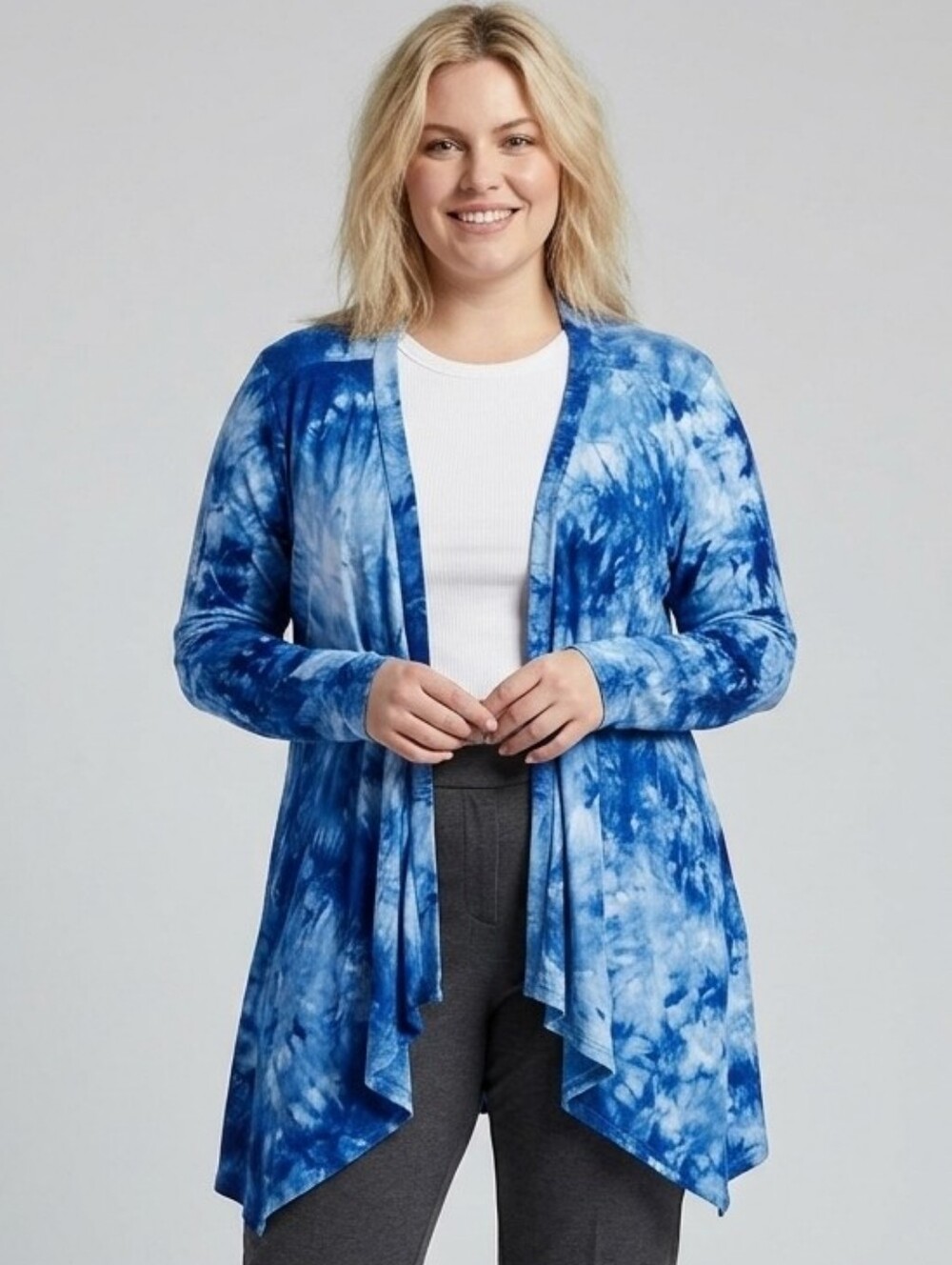 Ace Fashion Blue Tie-Dye Open Front Cardigan | Plus Size 2X Stretch